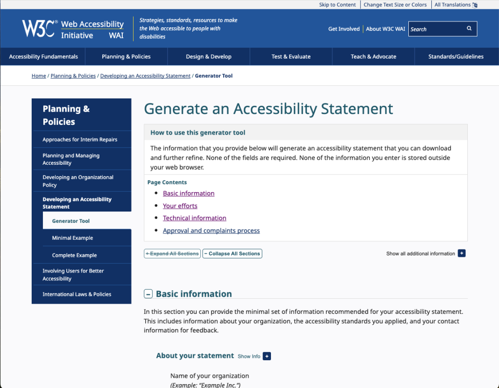 W3C Web Accessibility Initiative Accessibility Generator Tool screenshot